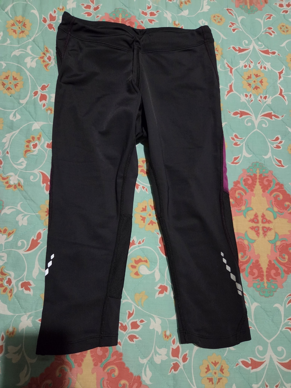 Woman's Black Active Capri Leggings with Purple Accents